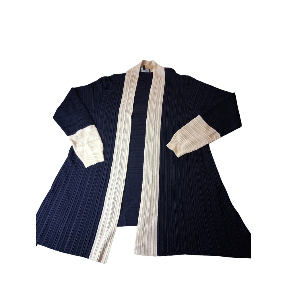 St. John Navy Blue Cream Colorblock Ribbed Knit Cardigan Cashmere Blend Medium